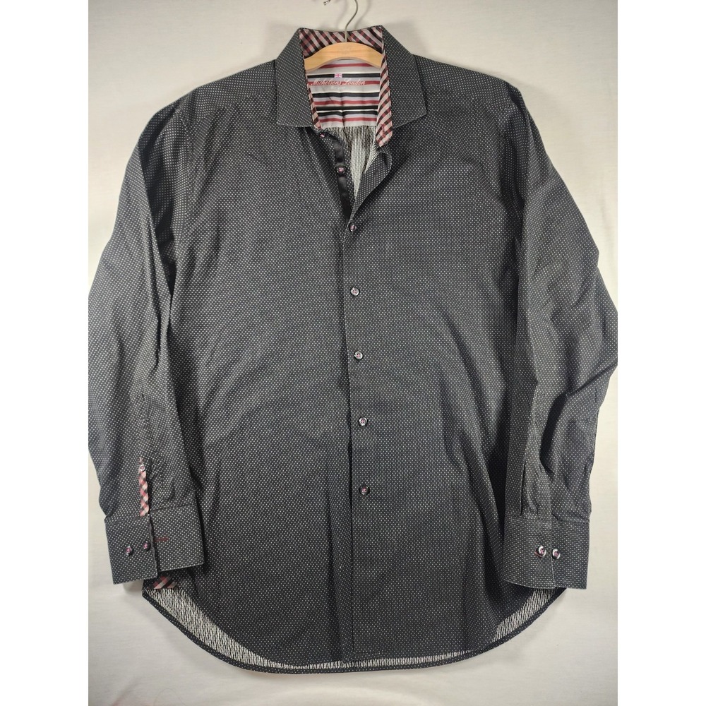 Michelsons London Dress Shirt Mens L Black White Micro Dot Plaid Trim Cotton‎